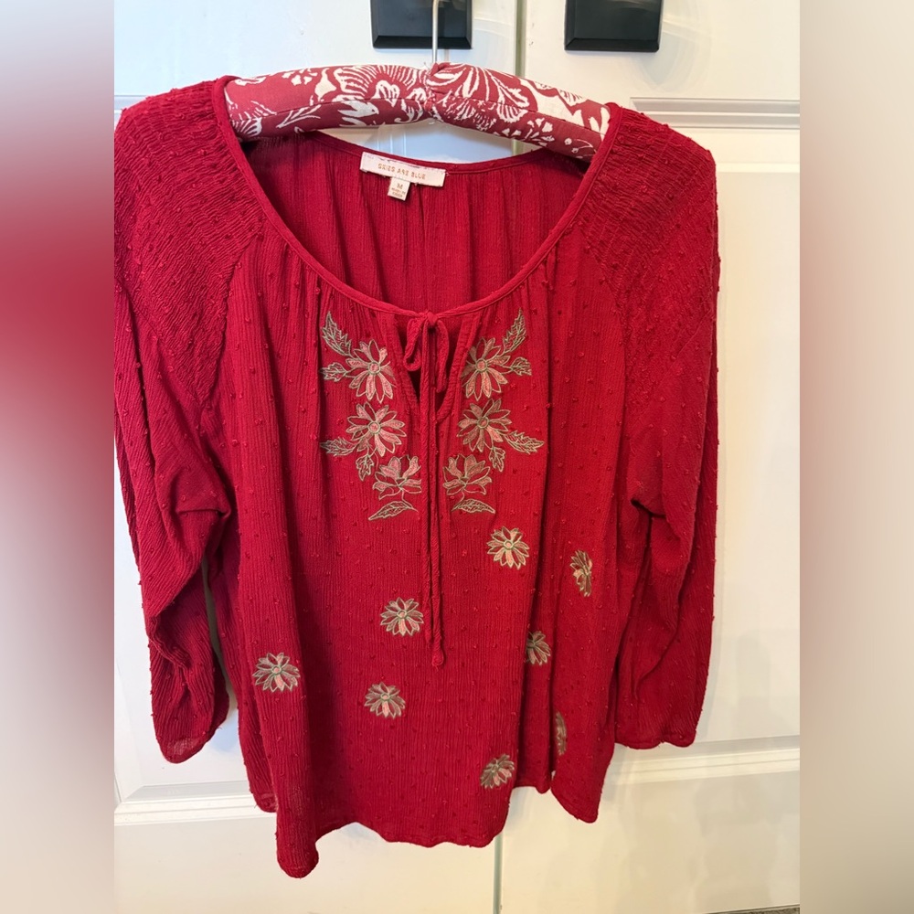 Skies Are Blue Red Floral Embroidered Blouse